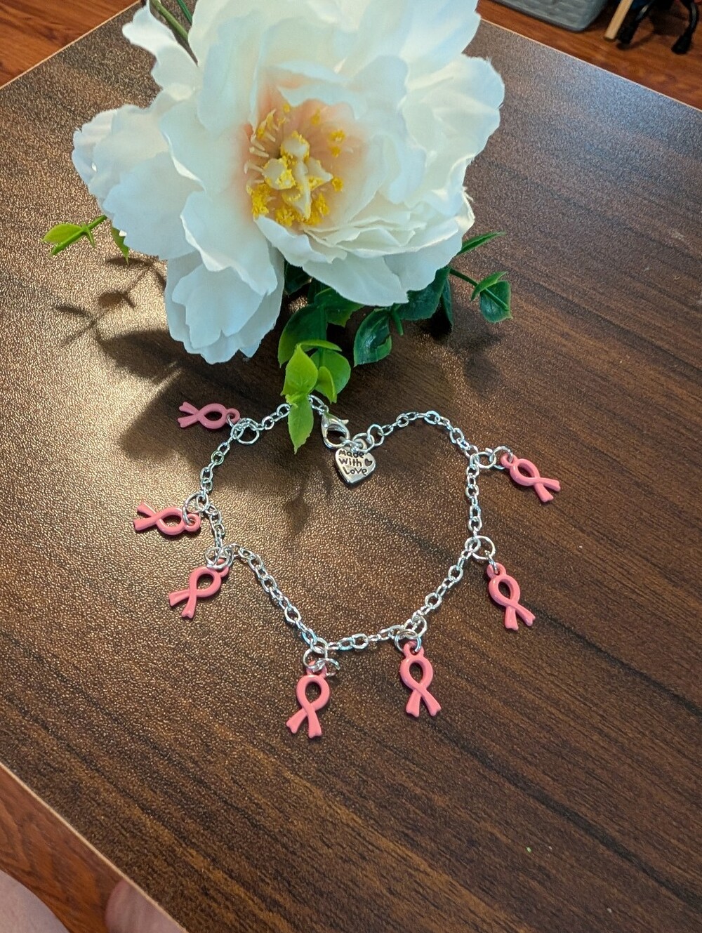 Handcrafted Pink Ribbon Breast Cancer Awareness Charm Bracelet